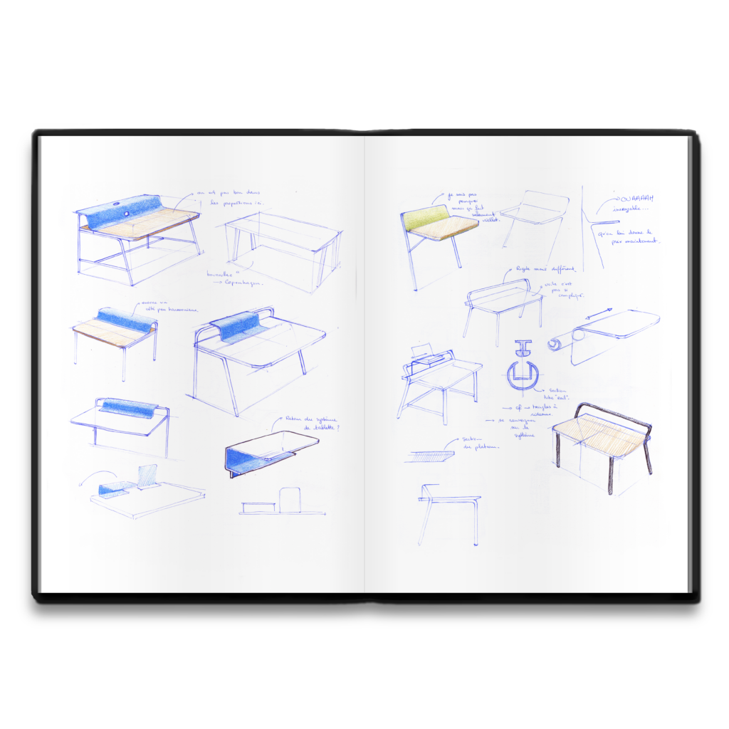 carnet de croquis de recherche du projet pupitre