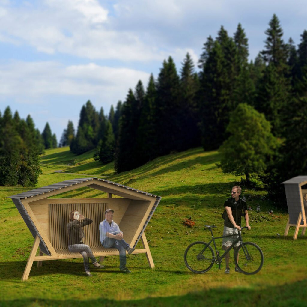 écho est une collection de cabanes imaginées pour être intégrée dans le massif du haut jura