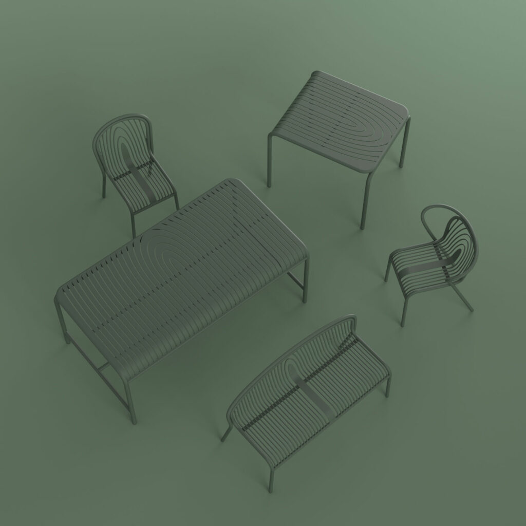 plissée est une collection de meuble design outdoor composée d'une chaise, d'un banc, d'un fauteuil et de deux tables