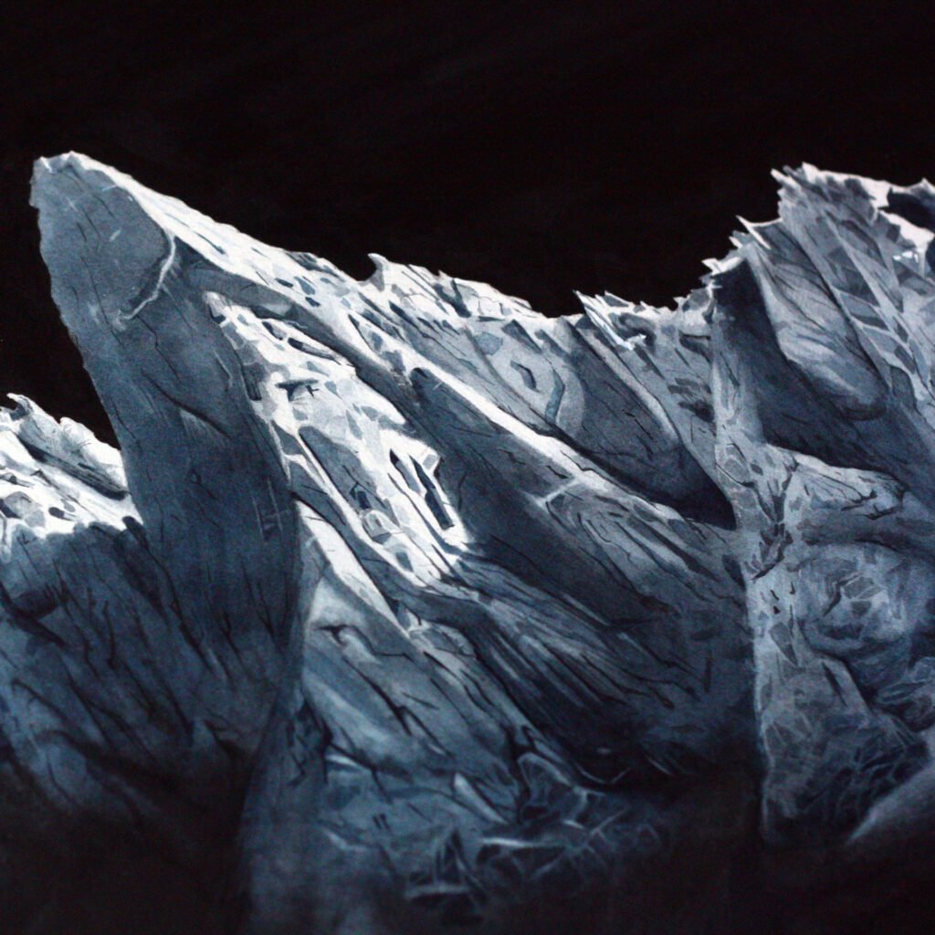 Détail d'une aquarelle artistique représentant l'Aiguille des Drus dans le massif du Mont-Blanc, peinture de montagne en tons bleutés, vendue en reproduction d'art.
