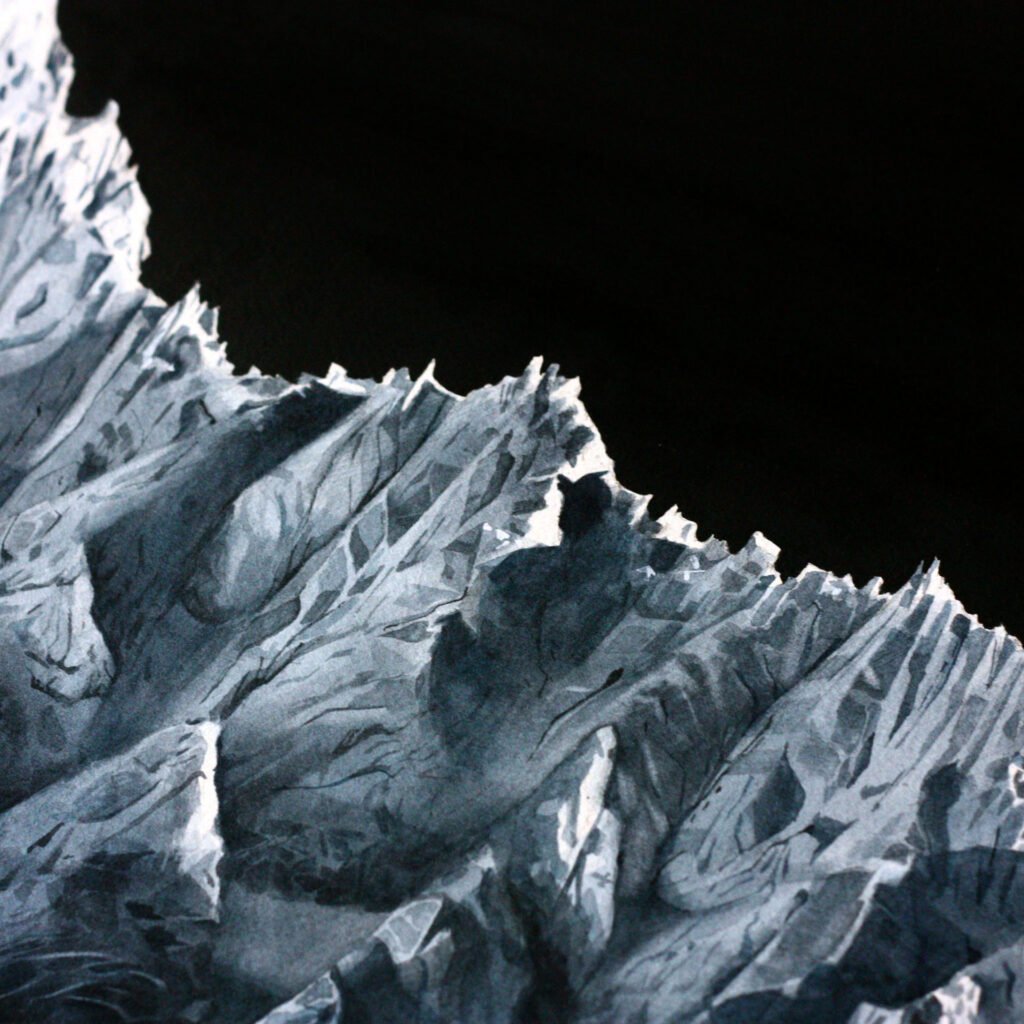 Détail d'une aquarelle artistique représentant l'Aiguille des Drus dans le massif du Mont-Blanc, peinture de montagne en tons bleutés, vendue en reproduction d'art.