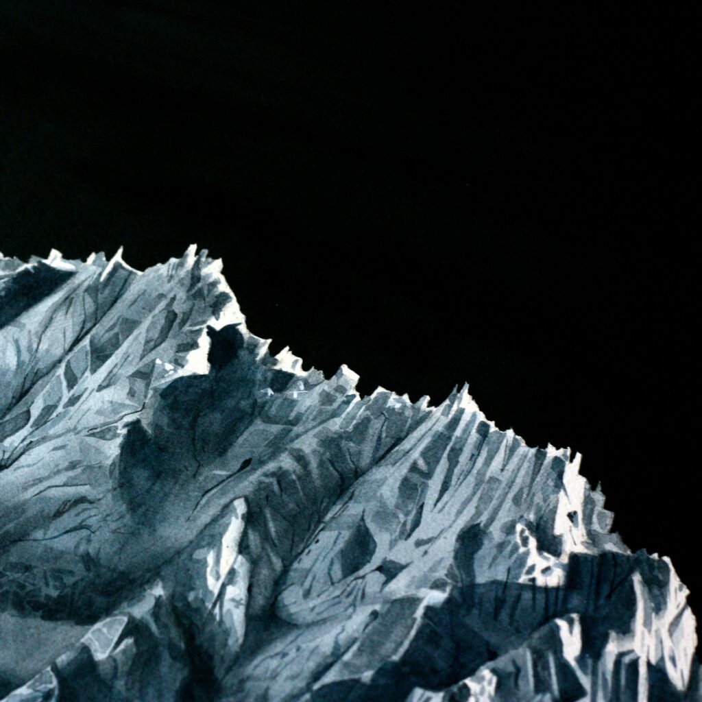 Détail d'une aquarelle artistique représentant l'Aiguille des Drus dans le massif du Mont-Blanc, peinture de montagne en tons bleutés, vendue en reproduction d'art.