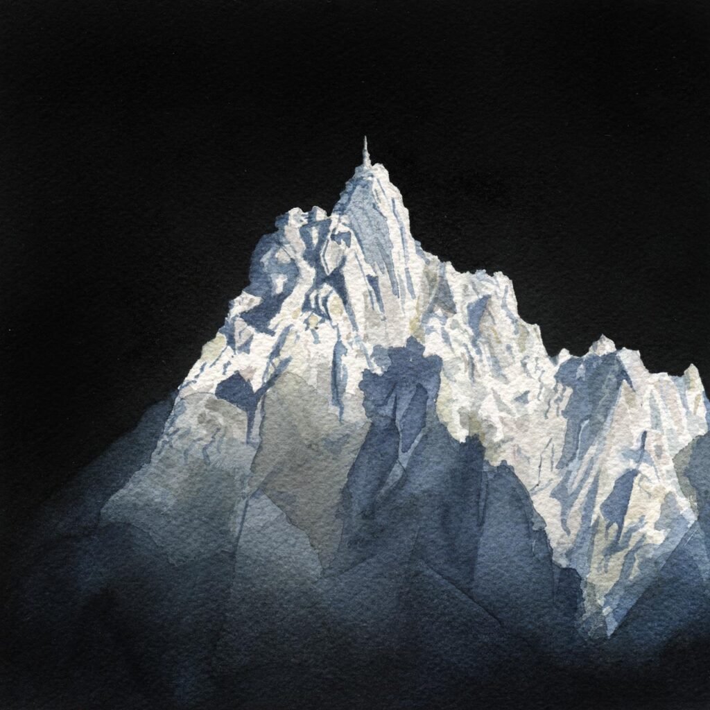 Reproduction d'une illustration à l'aquarelle représentant l'aiguille du midi, sommet culminant à 3842m