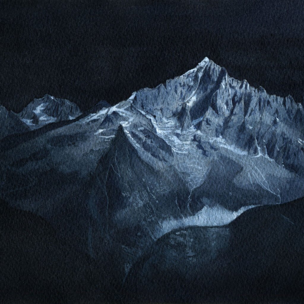 illustration à l'aquarelle de l'aiguille verte situé dans le massif du mont blanc