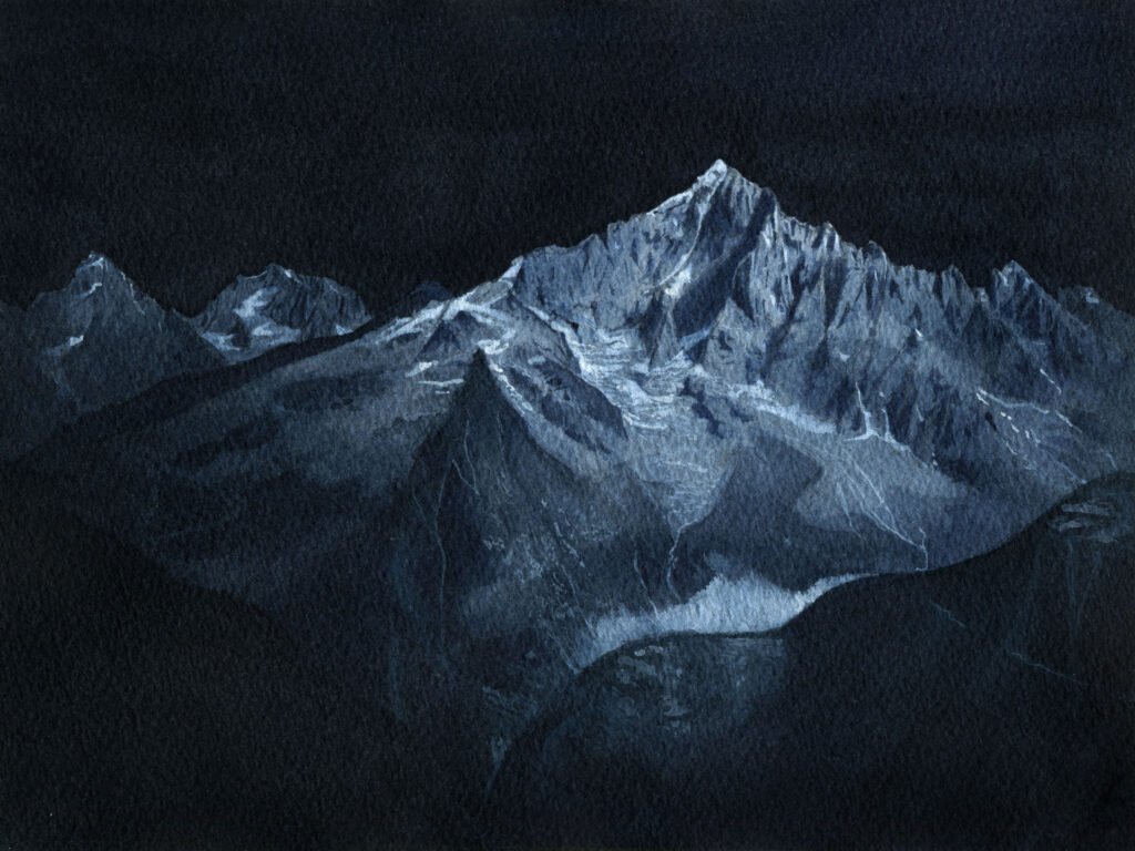 illustration à l'aquarelle de l'aiguille verte situé dans le massif du mont blanc