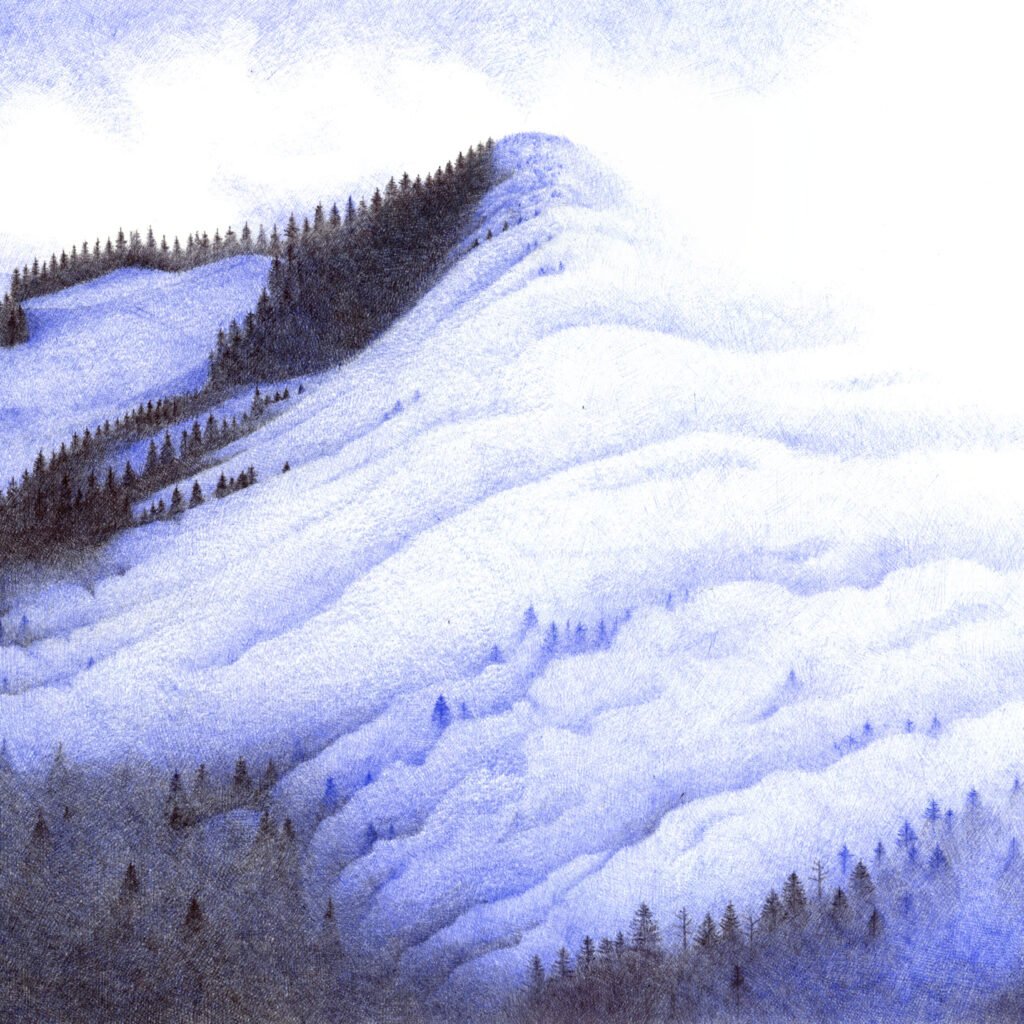 illustration au stylo bic représentant une cascade de nuages dans le massif jurassien