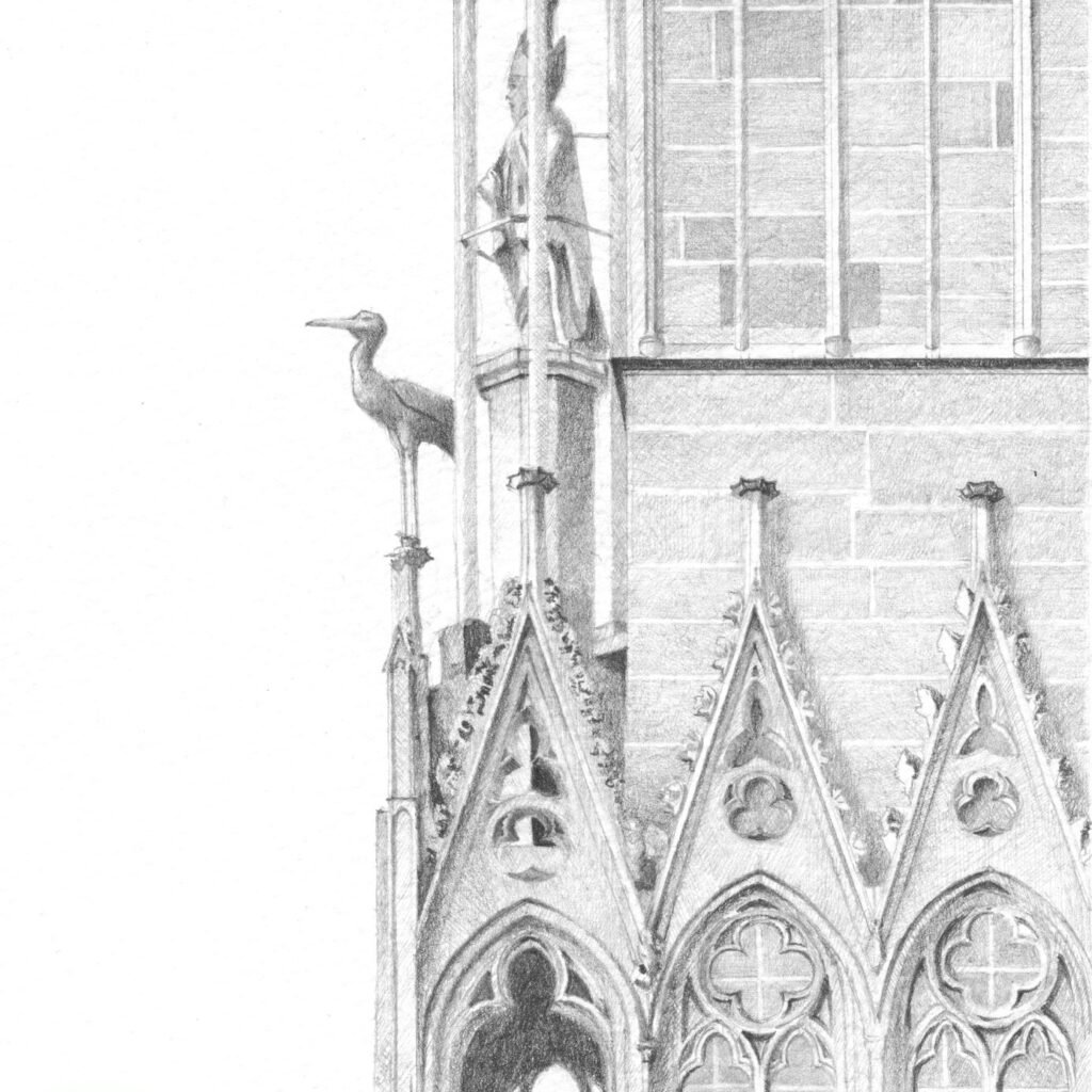 Reproduction d'une illustration à la mine graphite d'un détail de la cathédrale de Strasbourg.