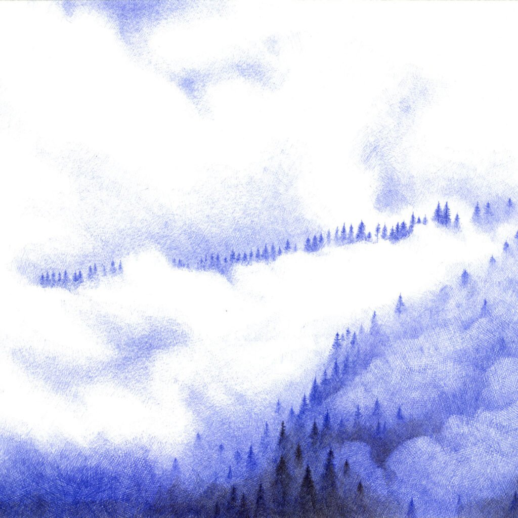 Reproduction d'une illustration au stylo BIC représentant les brumes que nous pouvons retrouver dans le massif jurassien.