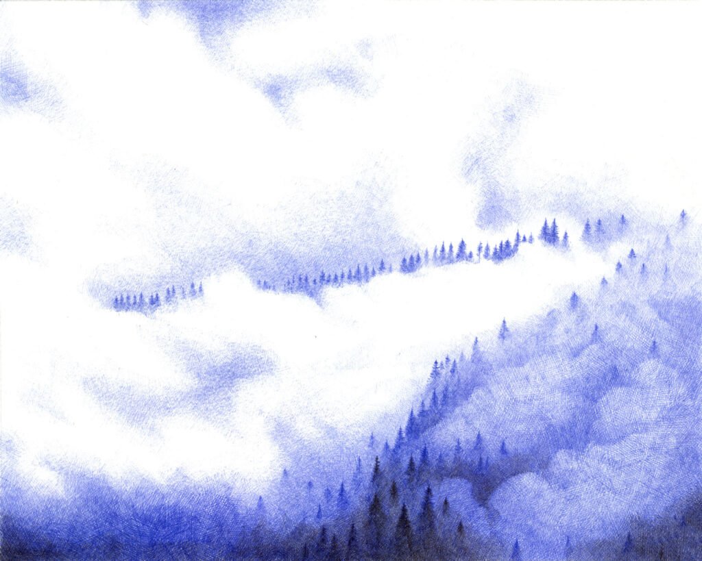 Reproduction d'une illustration au stylo BIC représentant les brumes que nous pouvons retrouver dans le massif jurassien.