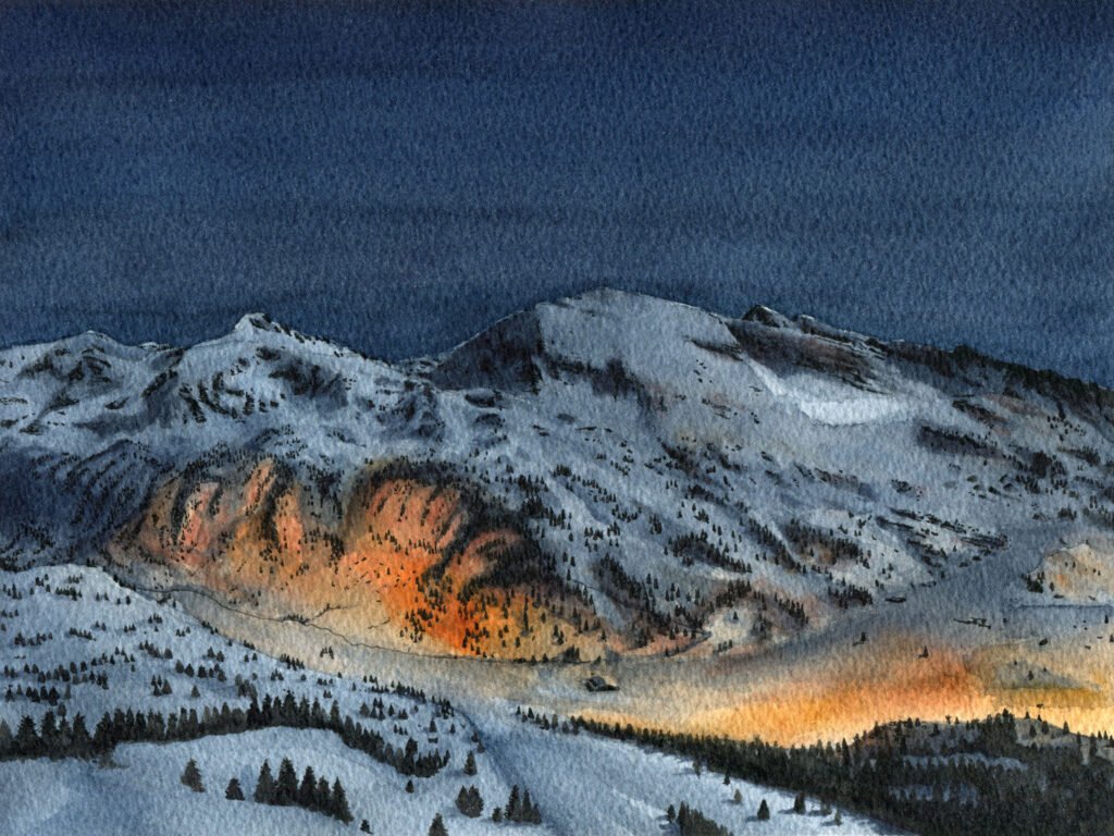 illustration à l'aquarelle d'une vallée alpine éclairée par les lumières de la ville