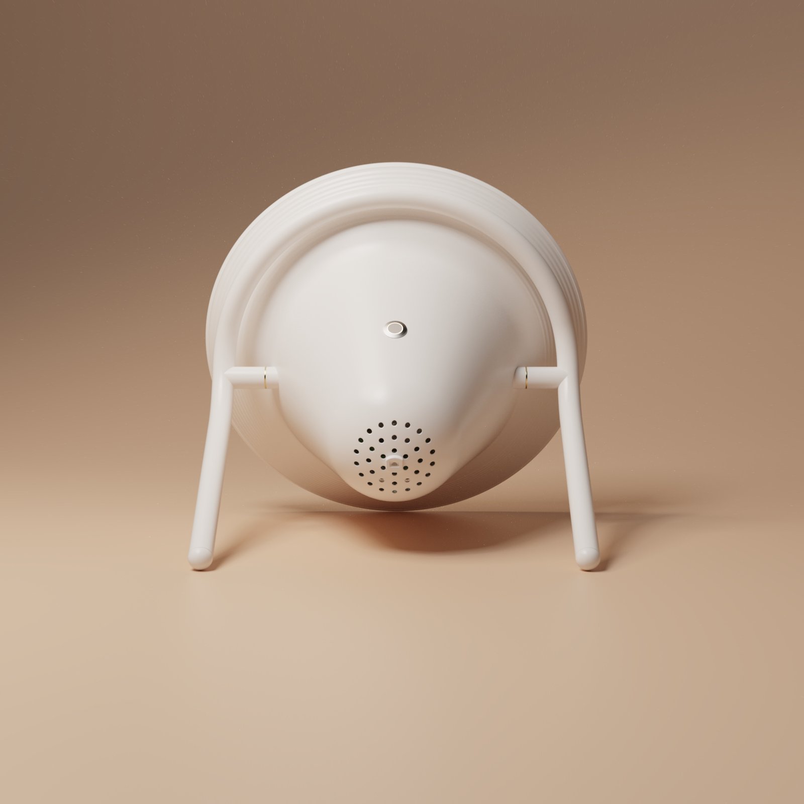 dream machine 6 Lampe de photostimulation Dream Machine vu de derrière, design minimaliste blanc avec poignée orientable, conçue pour la méditation et la relaxation à domicile. La lampe est dessinée par alix videlier design studio.
