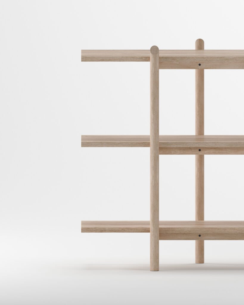 pilotis est une gamme d'étagère design à monter soi-même et en chêne massif.