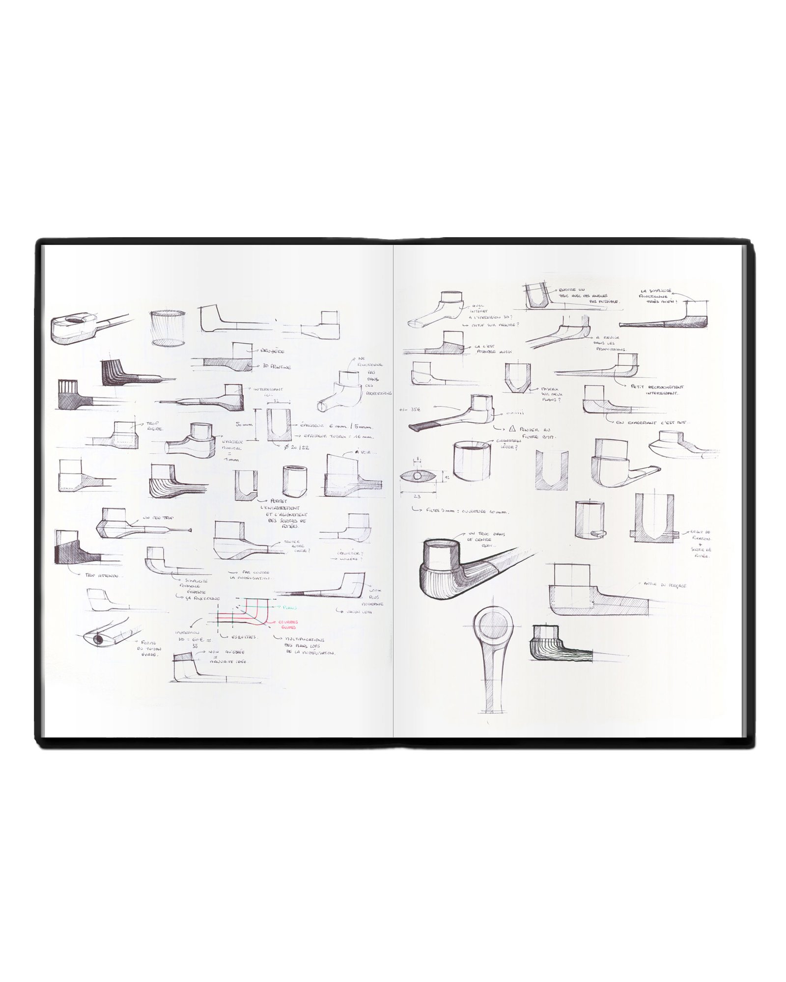 croquis de recherches de designer industriel pour le projet rumi, une pipe imprimée en 3D