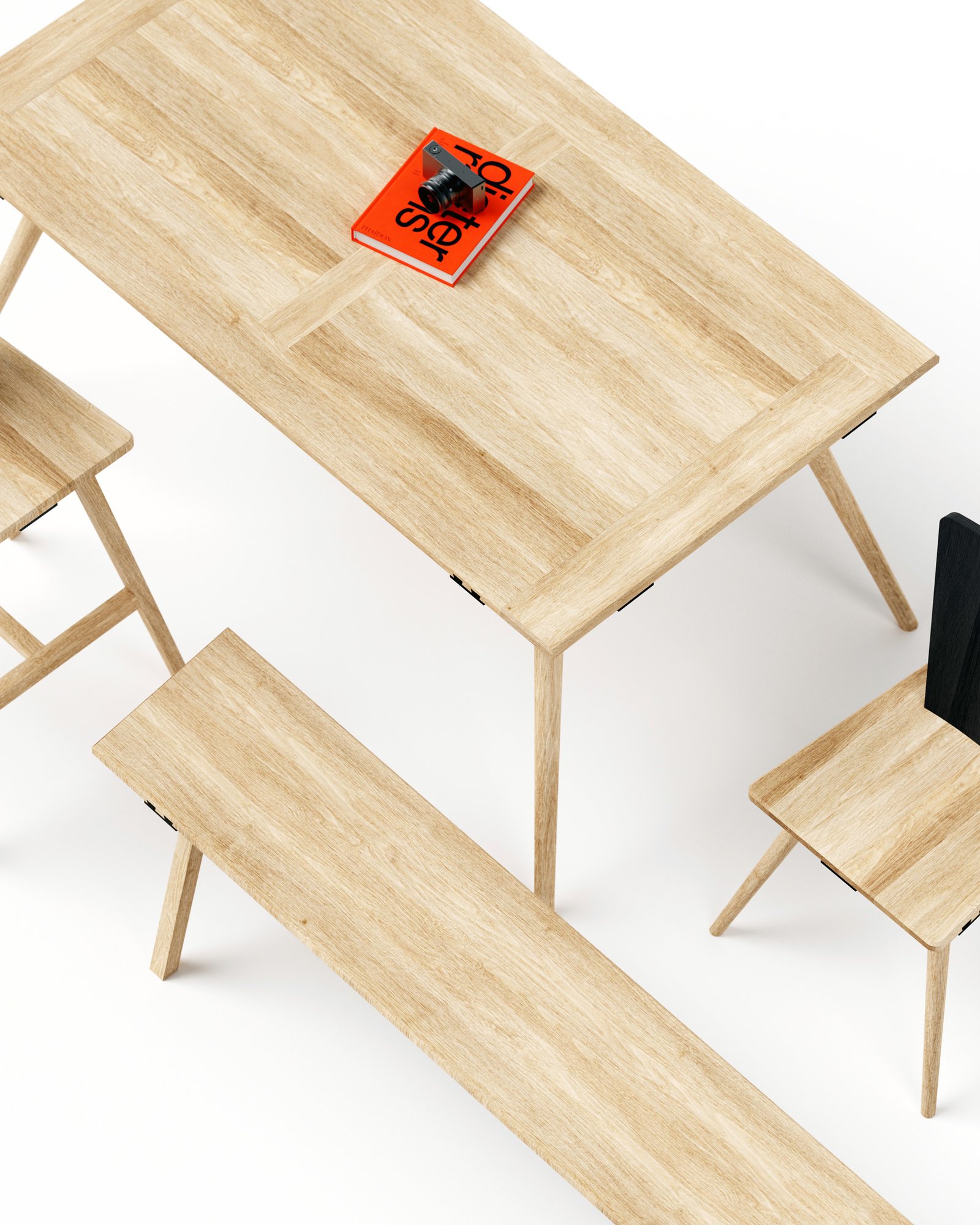 Mobilier alsacien contemporain 220v en chêne massif : table, banc et chaise par alix videlier design studio et malo mangin