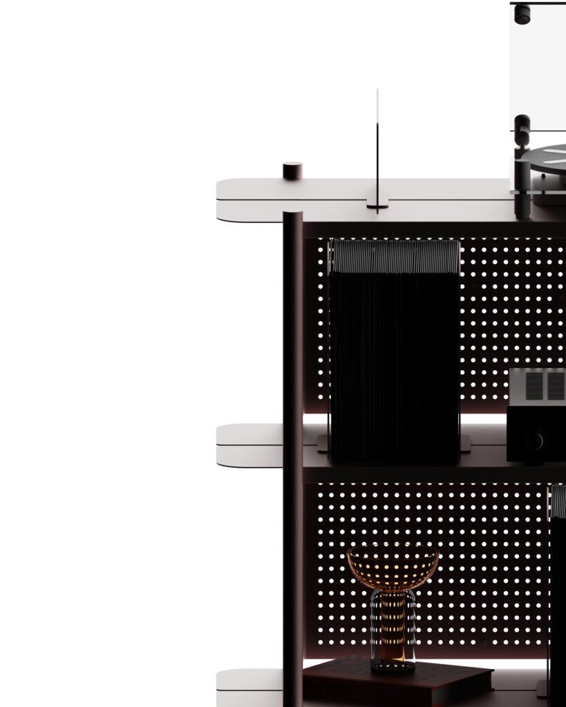 détail de la console lara dessinée par alix videlier design studio. Photo de face sur fond noir avec une lumière mettant en valeur les étagères.