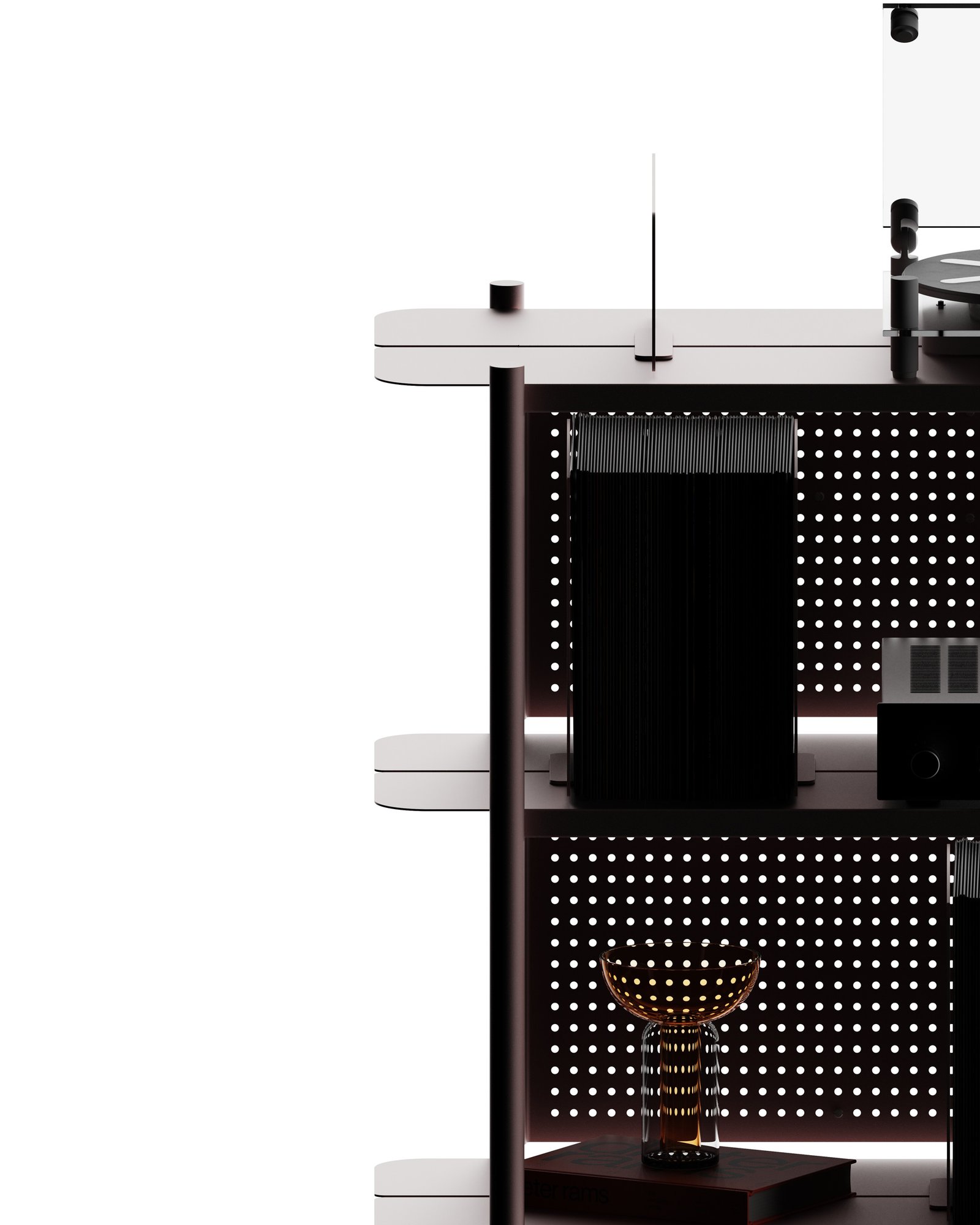 détail de la console lara dessinée par alix videlier design studio. Photo de face sur fond noir avec une lumière mettant en valeur les étagères.