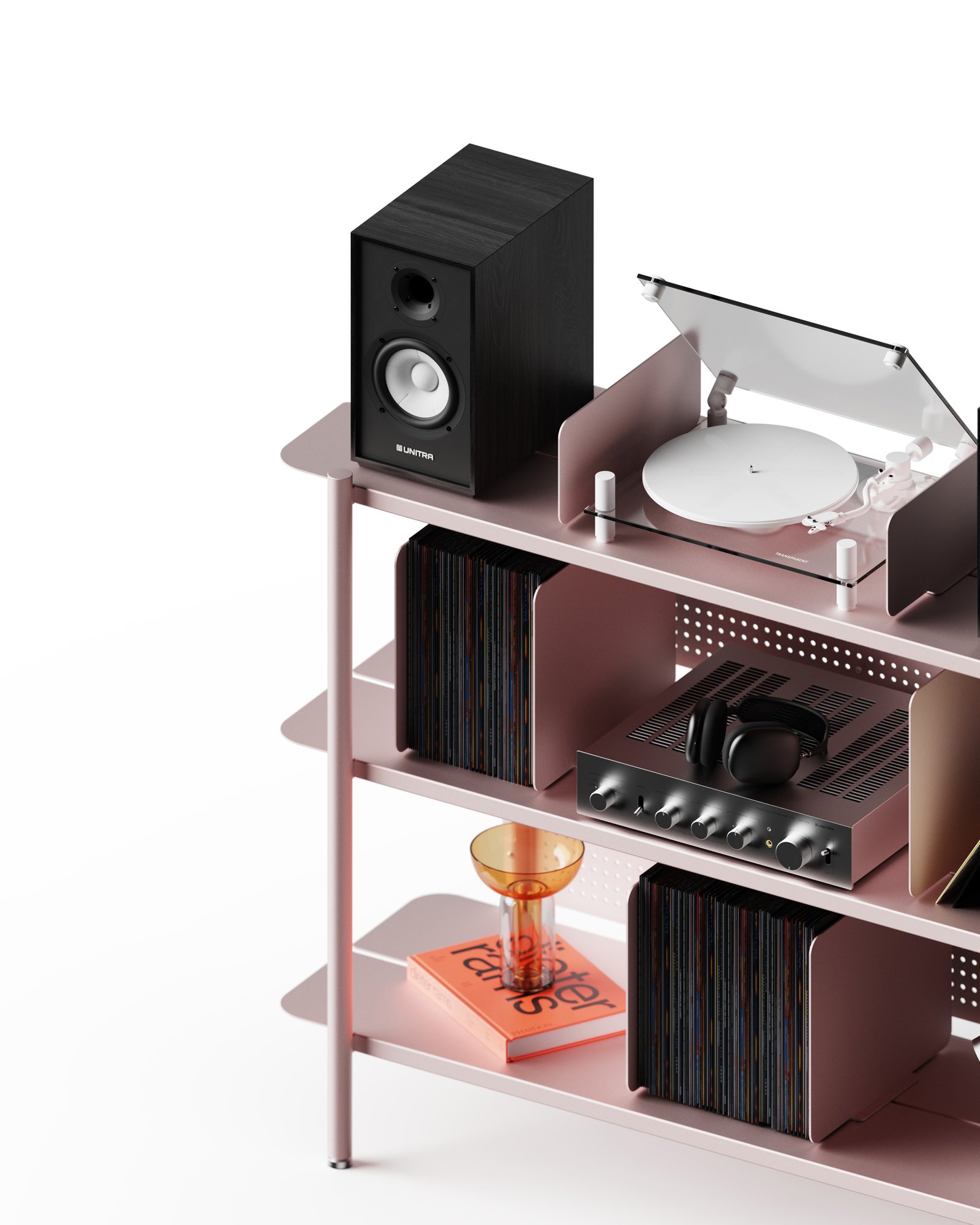 Gros plan sur le système de parois coulissantes du meuble vinyle en acier Lara par Alix Videlier. Détail du rangement modulable pour disques 33 tours et de la structure métallique.