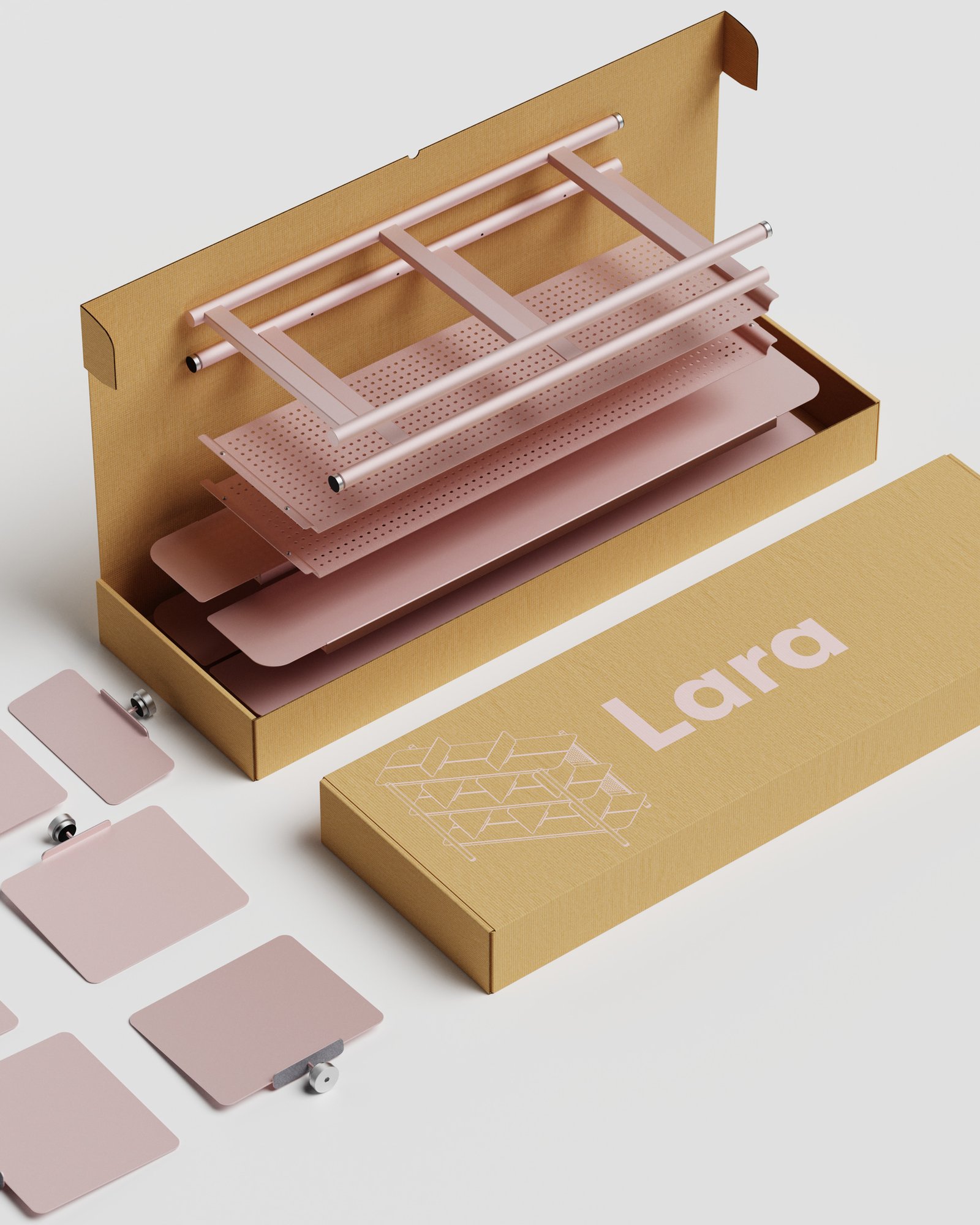 Le projet Lara est prévu pour être livré en flat pack. Image avec les pièces démontés et son carton packaging.