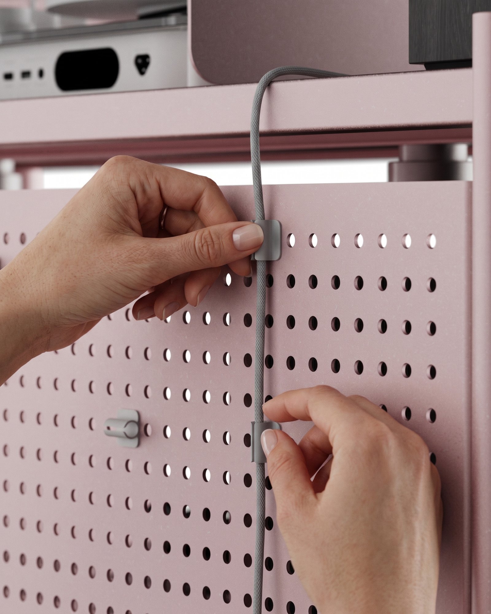 Schéma d'intégration et de gestion des câbles sur le meuble vinyle Lara par Alix Videlier. Rangement organisé et invisible des connexions audio de la platine et de l'amplificateur.