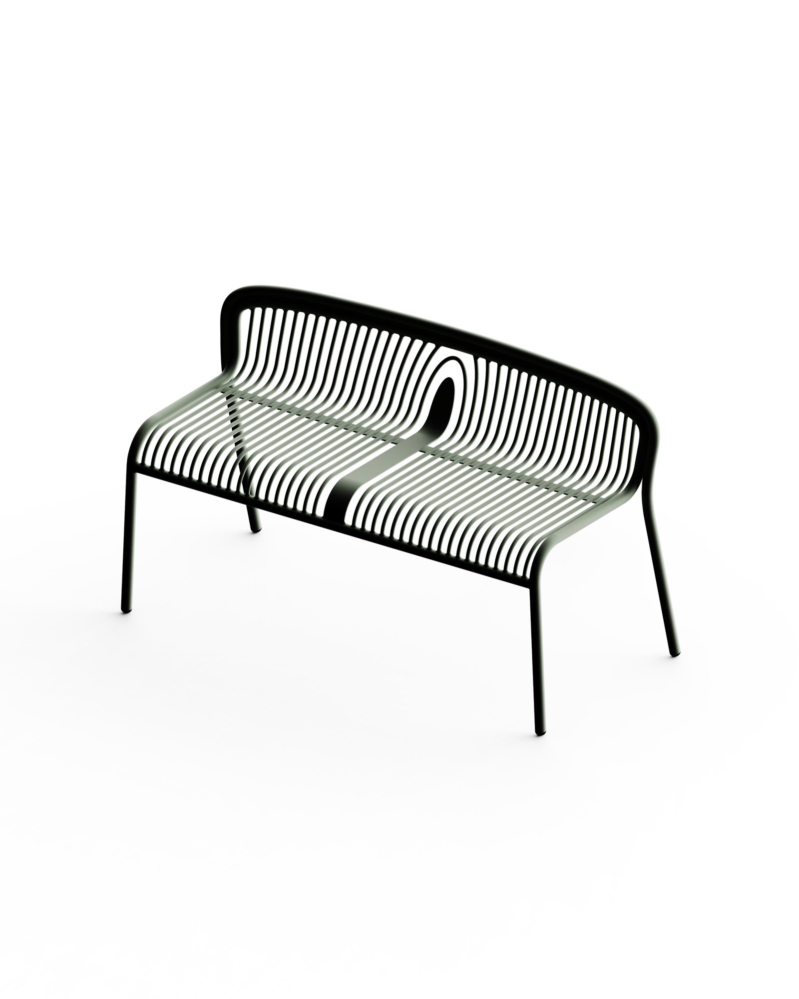 Banc deux places Plissée en acier thermolaqué vert, vue en perspective trois quarts — l'assise et le dossier en fils d'acier forment des courbes concentriques ondulées inspirées des plissements géologiques jurassiens, design Alix Videlier.