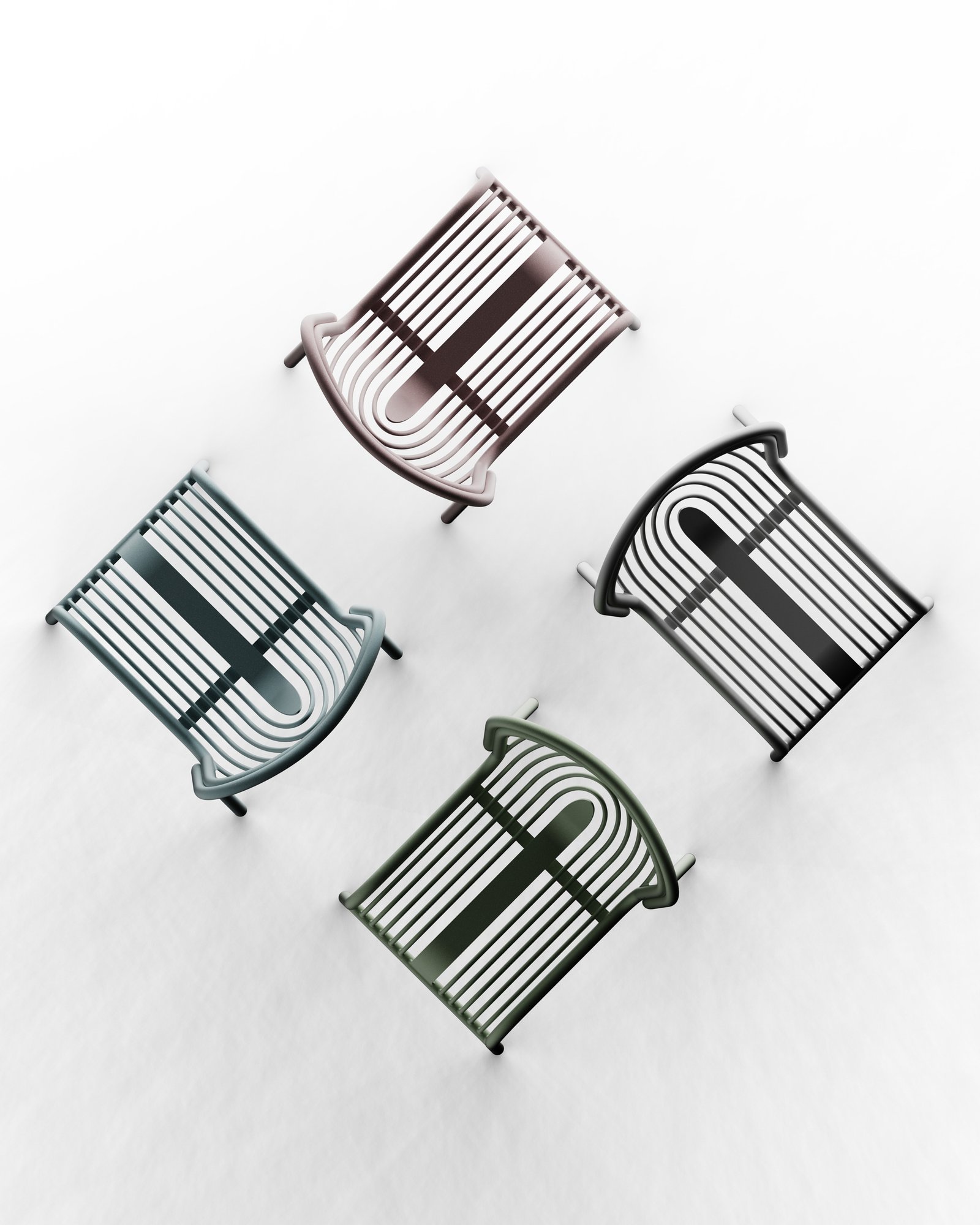 Chaise outdoor Plissée en tube et fils d'acier thermolaqué vert, rose, bleu et brut, détail studio