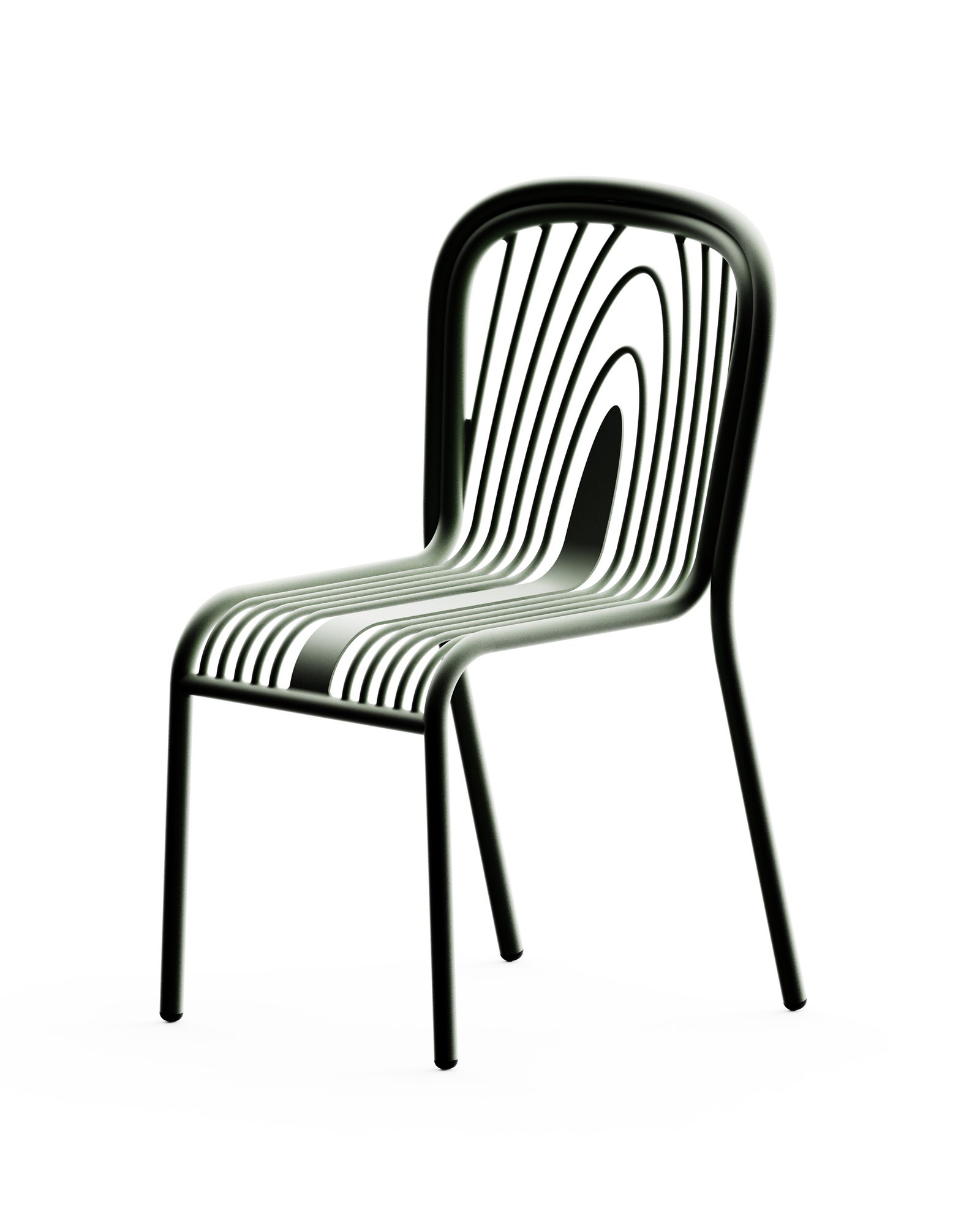 Chaise outdoor design Plissée en tube et fils d'acier thermolaqué vert, inspiration géologique jurassienne — Alix Videlier Design Studio, Strasbourg.