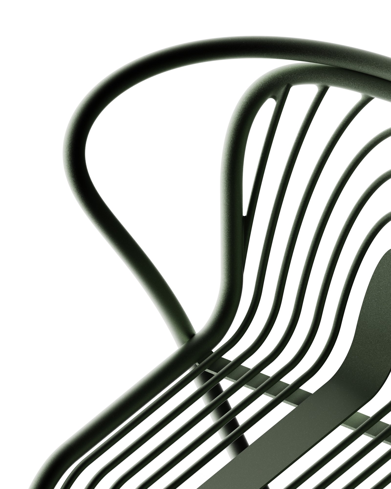 Détail du fauteuil Plissée en acier thermolaqué vert — vue rapprochée sur l'accoudoir et le dossier en fils d'acier aux courbes ondulées, révélant la finesse et la continuité des lignes inspirées des plissements géologiques jurassiens.