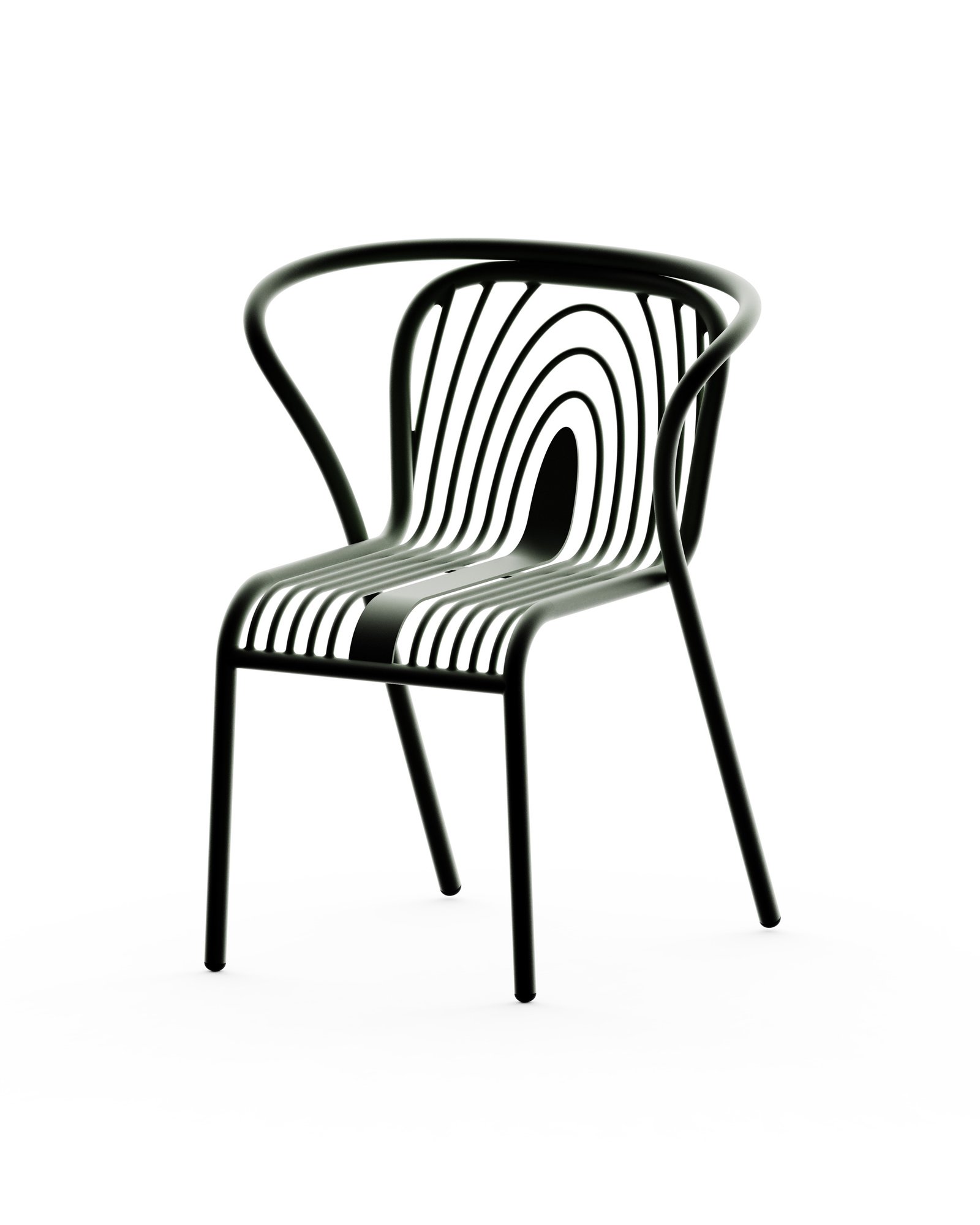Fauteuil Plissée en acier thermolaqué vert — vue globale. Farbiquée en fils d'acier aux courbes ondulées, révélant la finesse et la continuité des lignes inspirées des plissements géologiques jurassiens.