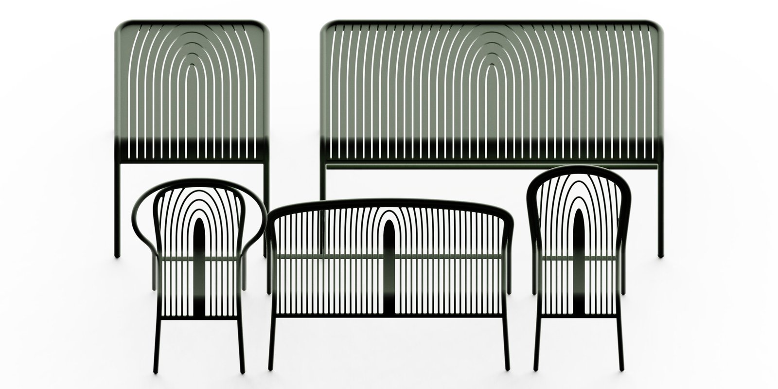 Gamme de mobilier outdoor Plissée : chaise, fauteuil, banc et tables en tube et fils d'acier thermolaqué vert, design Alix Videlier Design Studio, Strasbourg.